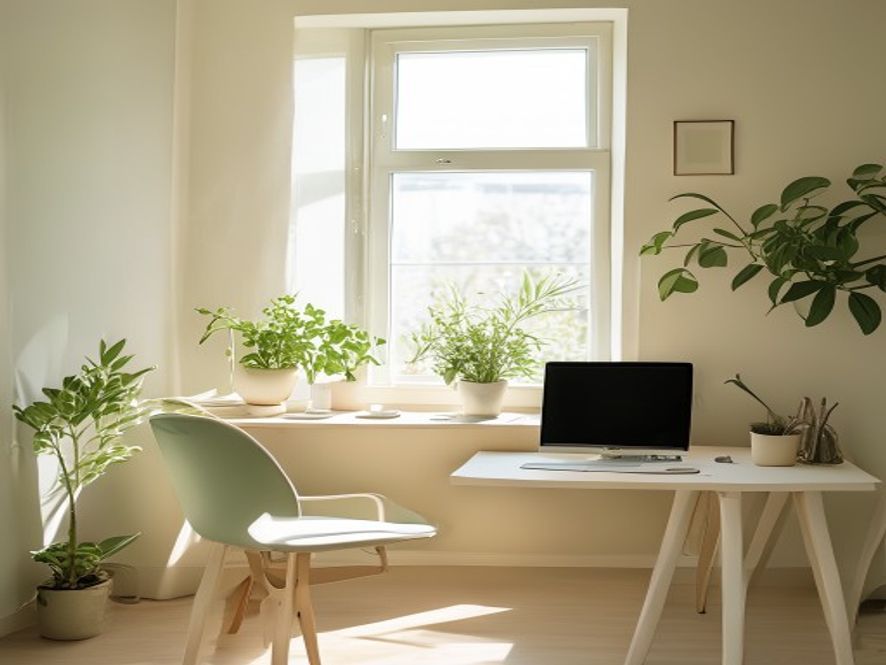 Calm workspace with desk setup and natural light